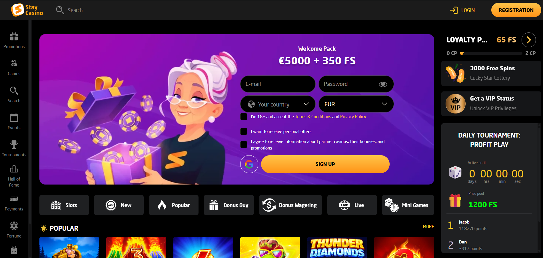 Staycasino homepage lobby screenshot