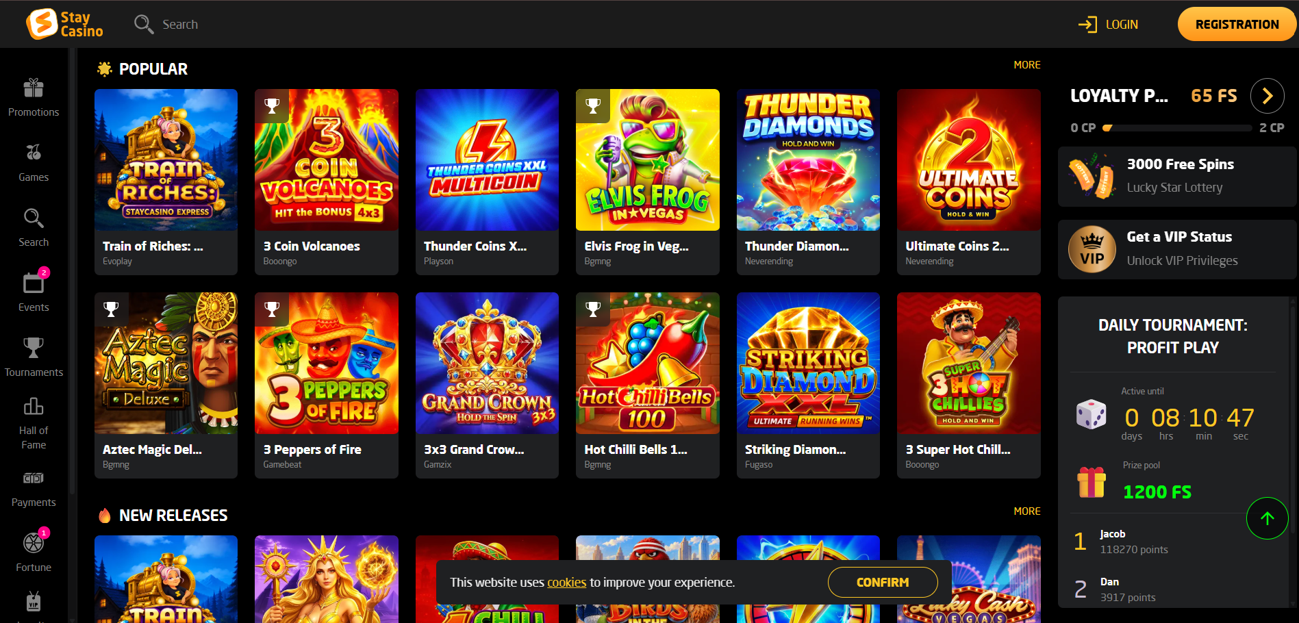 Staycasino pokies section screenshot